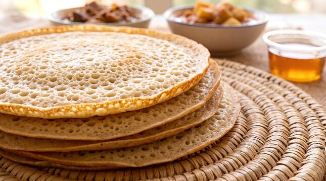 Freshly baked Somali canjeero or laxoox flatbreads stacked on a traditional woven mat.