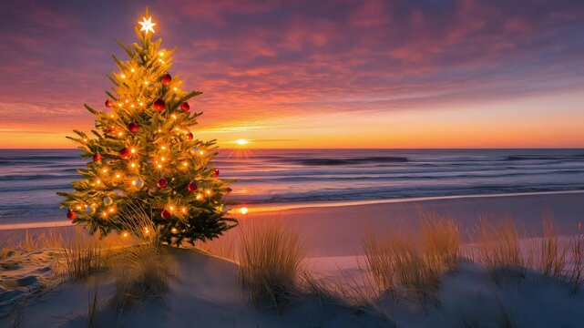 A Christmas tree decorated with lights and ornaments stands on the beach at sunset while waves crash on the shore