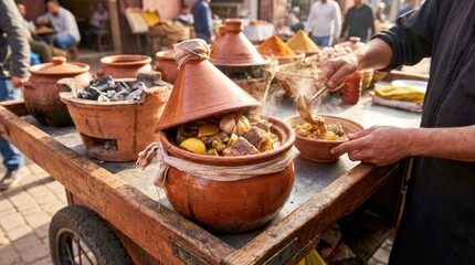 Fototapeta premium Traditional Moroccan Tanjia lamb stew cooking in a terracotta jar at a bustling street food market.