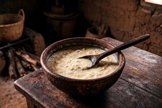 Traditional wooden bowl filled with creamy Leite Azedo, a sour fermented colostrum dish in rustic kitchen.