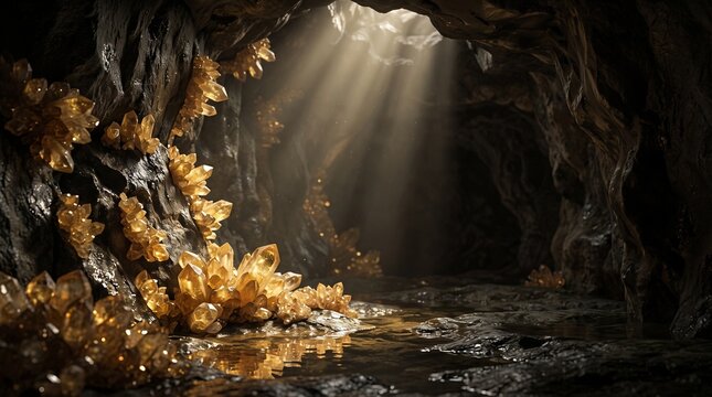 Subterranean Glow: Golden crystals sparkle and refract the sunbeams penetrating a dark cave, illuminating the rocky formations and reflecting on a still pool of water.