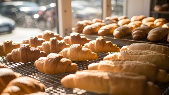 Freshly baked croissants and baguettes on cooling racks