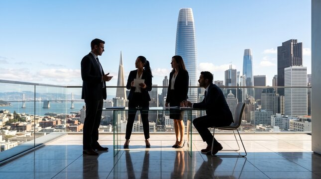 Business Team Meeting on High-Rise Office Terrace