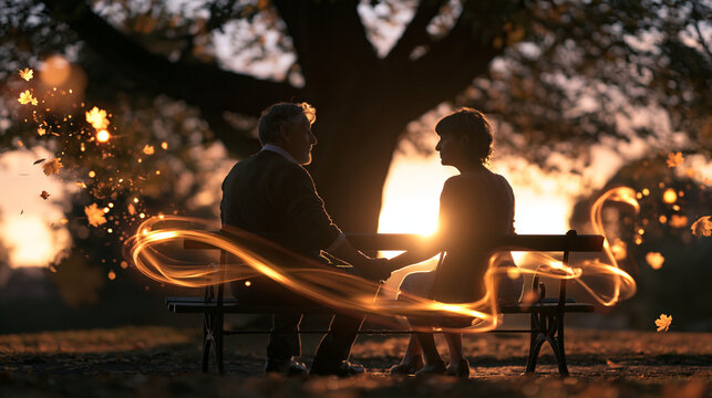 Couple on Bench Under Tree at Sunset with Magical Light