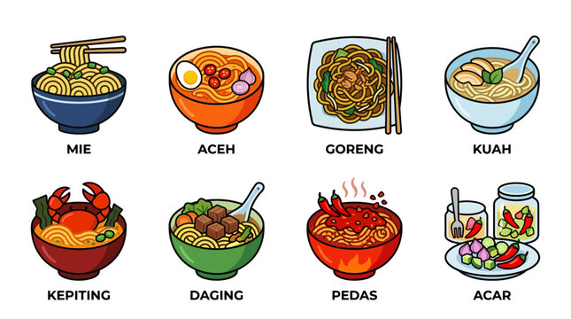 Indonesian Noodle Dishes Collection: Mie, Aceh, Goreng, Kuah, Kepiting, Daging, Pedas, Acar