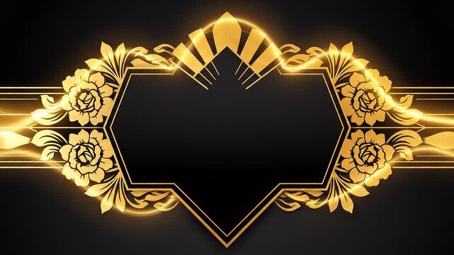 Golden floral frame with glowing light waves on a dark background