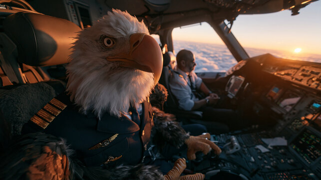 Bald Eagle Pilot in Commercial Aircraft Cockpit at Sunset