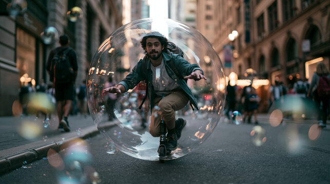 Man Riding Bicycle Inside Giant Soap Bubble on Urban Street
