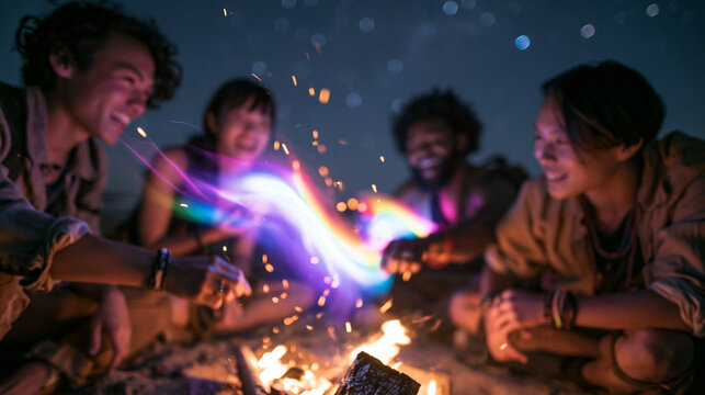 Friends Celebrating with Magical Sparkler Around Campfire