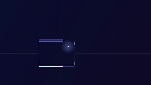 Abstract animated focus lock brackets drawn as blue and cyan glowing lines and dots on a deep dark background. Clean minimal motion graphics element with free space around it, ideal for title sequence