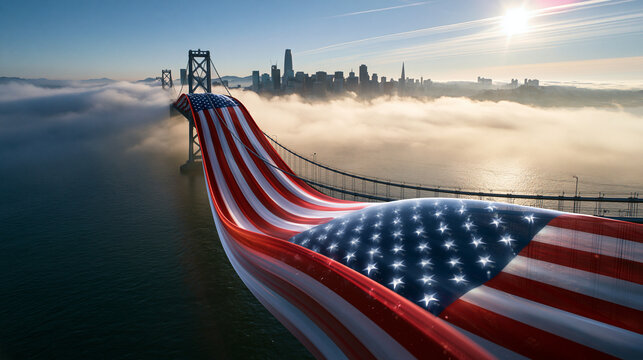 American Flag Draped Over Golden Gate Bridge with San Francisco Skyline