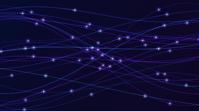 Abstract animated glowing fibre optic strands drawn as blue and cyan glowing lines and dots on a deep dark background. Clean minimal motion graphics element with free space around it, ideal for techno