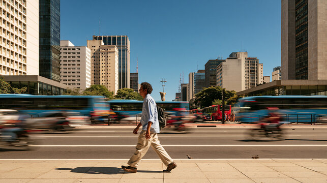 Man Crossing Urban Street with Moving Buses