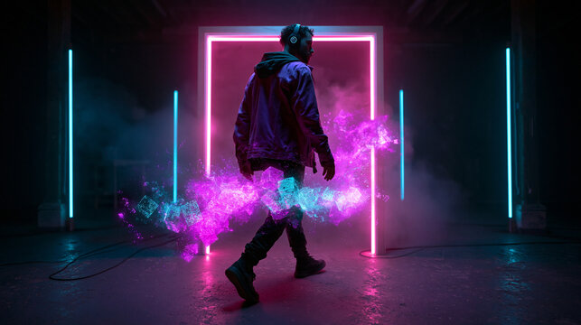 Cyberpunk Gamer with Neon Portal Gateway