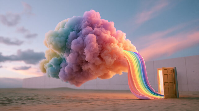 Rainbow Light Streaming From Doorway Into Colorful Cloud