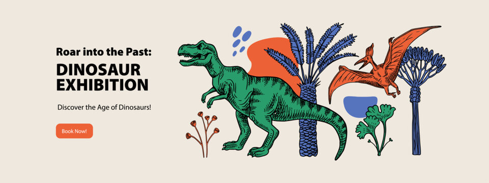 Hand drawn dinosaur illustration. Vector sketch isolated prehistoric animals. Historical museum exhibition design poster
