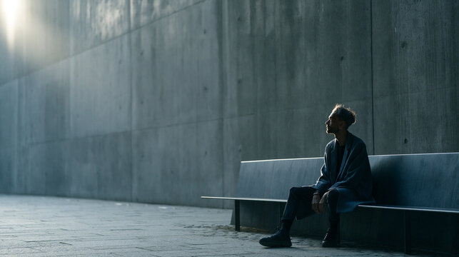 Man Sitting Alone on Bench in Urban Space