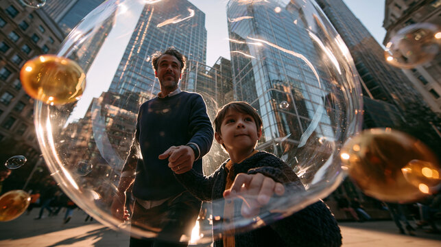 Father and Son Playing with Giant Bubbles in City