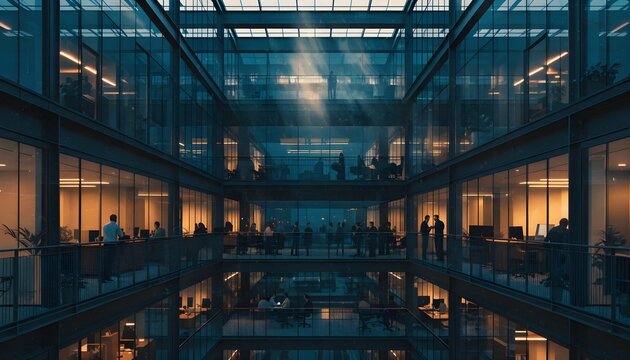 Interior of a modern office building with people working on multiple floors