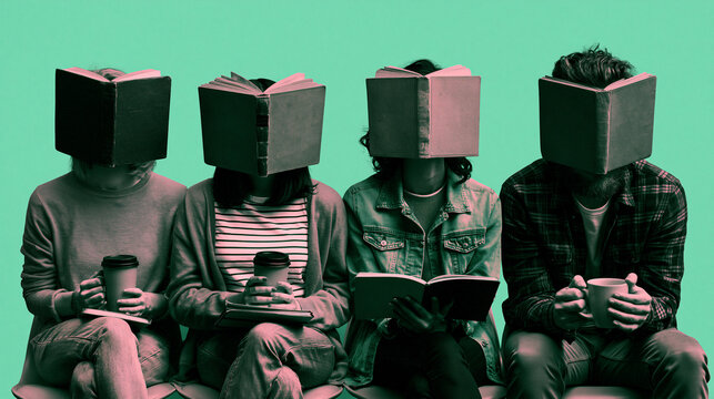Four People Reading Books with Heads Covered
