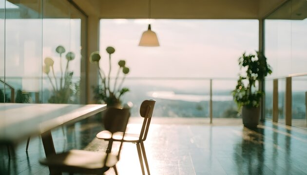 Interior with chairs and table overlooking a scenic view at sunset