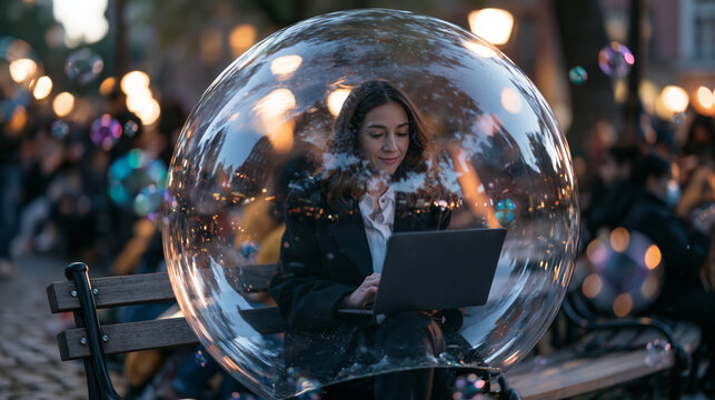 Professional Woman Working on Laptop Inside Protective Bubble