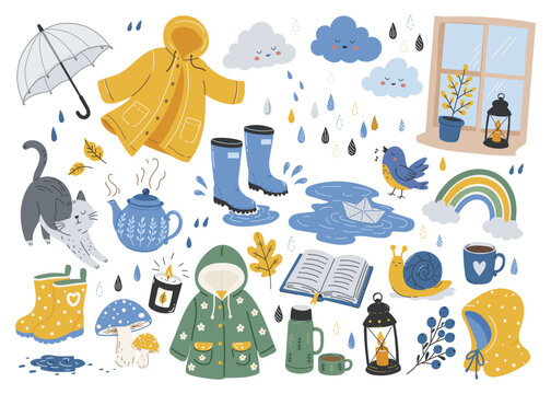 Cozy rainy day vector illustration set with rain boots, raincoats, umbrella, clouds, lanterns, tea, books, puddles, rainbow, cat and autumn nature in soft seasonal colors