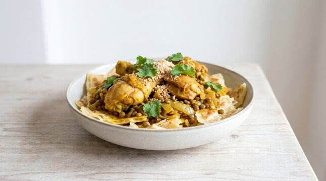 Traditional Moroccan Rfissa chicken stew served over torn flatbread in a rustic ceramic bowl on table.