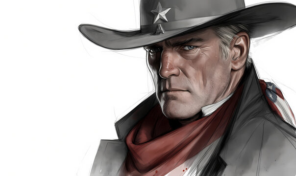 Portrait of a stern sheriff with a star on his hat. American heritage, western art and patriotic concept. Novel illustration for banner with copy space 