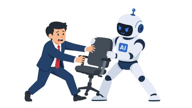 Animated businessman and AI robot fighting over an office chair. Concept of artificial intelligence replacing human jobs and career threat.