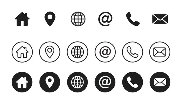 A set of twelve black icons representing home, location, website, email, phone, and mail contact details in both outline and circular filled styles, ideal for business cards, websites, and contact pag