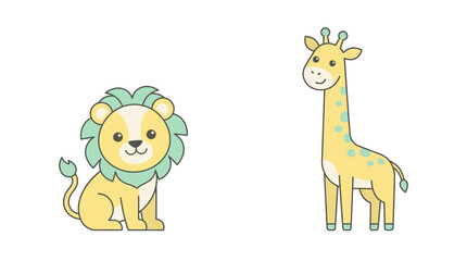 Obraz premium Lion and giraffe characters are depicted in this simple vector illustration of friendly zoo animals.