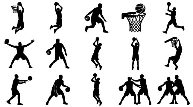 Basketball Player Silhouette Icon Set Featuring Slam Dunks, Dribbling, Shooting, Passing, Hoop Nets, and Competitive Action Graphics for Sports App Designs