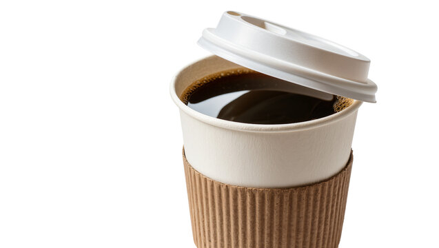 Paper coffee cup with brown sleeve and white lid filled with dark coffee, isolated on transparent background