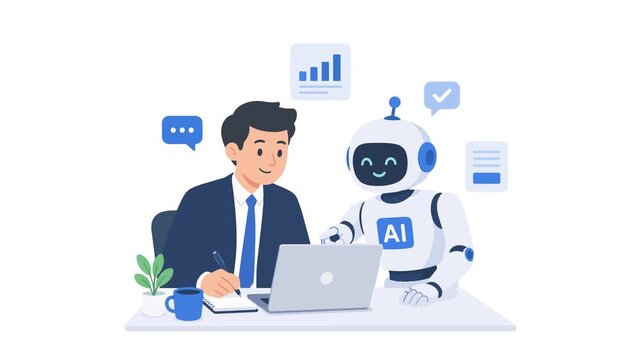 Animated businessman and AI robot working together on a laptop. Concept of artificial intelligence, future of work, and teamwork. Isolated.