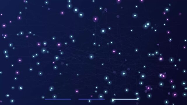 Abstract animated memory garbage collection cycle drawn as blue and cyan glowing lines and dots on a deep dark background. Clean minimal motion graphics element with free space around it, ideal for te