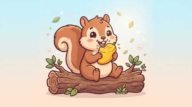 Cute squirrel cartoon mascot vector illustration with bold outlines eating a mango on a log with light background