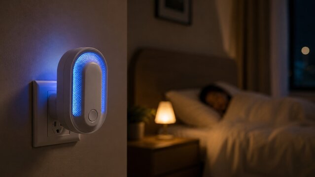Electric mosquito repellent plug-in device glowing blue with person sleeping safely in bedroom background.
