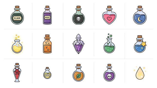 Set of magical potion bottles icons with different colors and styles isolated on white background, elixir collection.