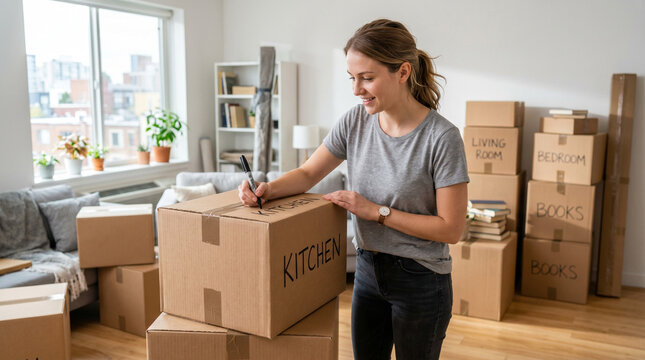 Young woman labeling moving boxes while packing in living room  