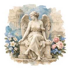 Fototapeta premium Classical angel statue with wings, surrounded by flowers and architecture.