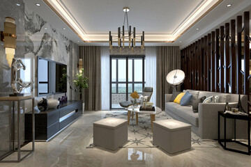 Obraz premium 3d render modern living room and dining room interior