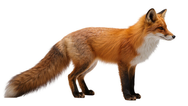 Red fox with bushy tail standing alert, isolated on transparent background