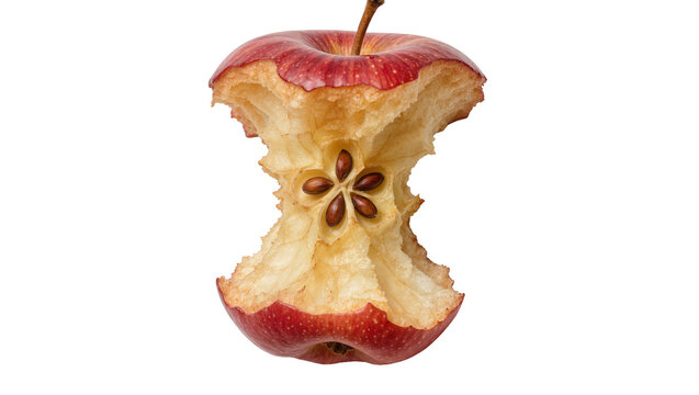 Red apple core with visible seeds, isolated on transparent background