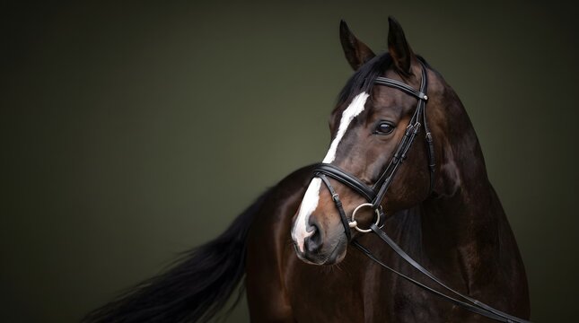 An elegant close-up portrait of a bay horse wearing a leather bridle, captured against a dark studio background with dramatic lighting, ideal for equestrian branding, animal photography collections, a