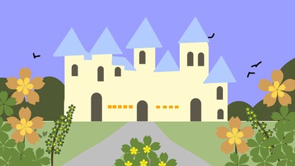Fototapeta premium Digital illustration of fairytale white castle with blue spires and towers
