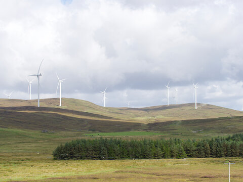 Wind Turbines on Shetland Hills with woodland in foreground. Renewable Energy. Sustainable. UK