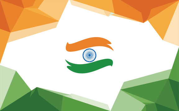 Abstract geometric background, with a central, indian flag featuring, triangular shapes in, orange, white, and, green colors