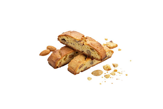 Three crunchy almond biscotti cookies stacked together with loose almond nuts and crumbs, isolated on a solid black background, for food