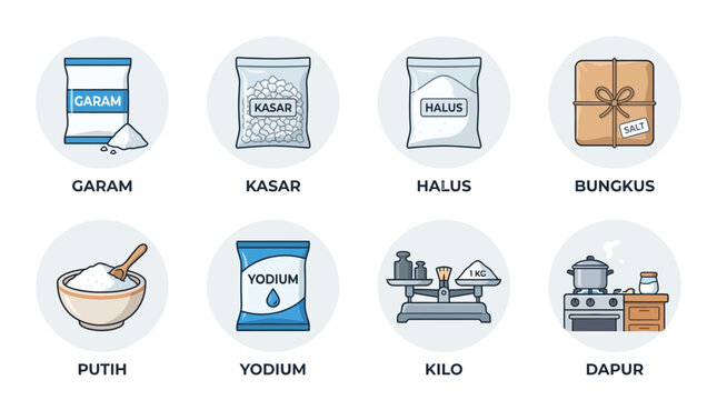 Variety of Salt and Cooking Ingredients Icons: Garam, Halus, Kilo, Kitchen